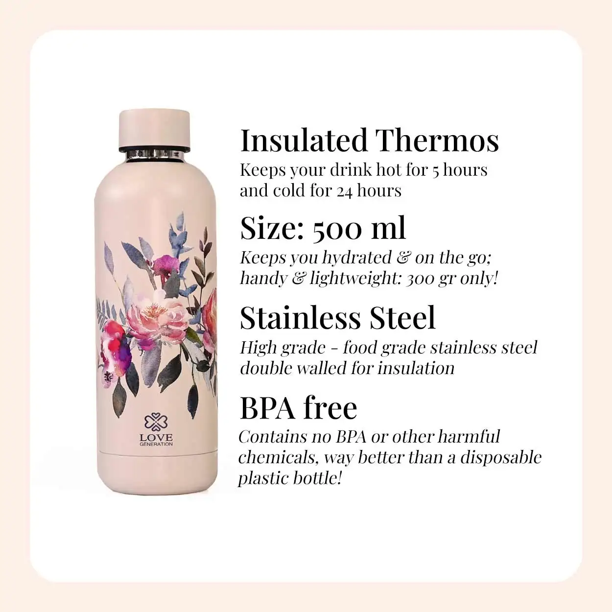 Love Generation waterfles 500 ml Precious Pink Flowers - Afbeelding 3