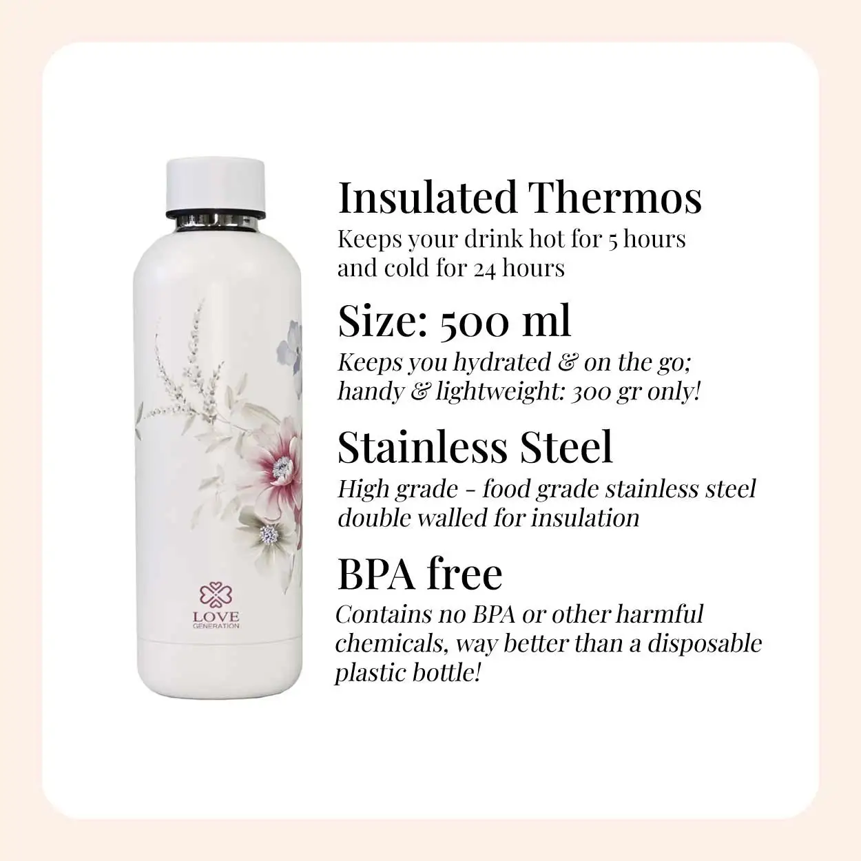 Love Generation waterfles 500 ml Wonderful White Flowers - Afbeelding 2