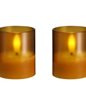 Moods & More led-kaars Hurricane Glass 47 x 57 mm 2-pack honey